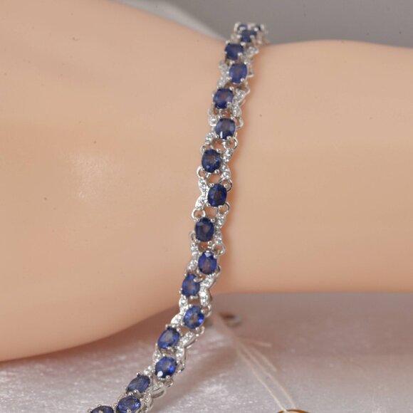925 Sterling Silver Natural Oval Blue Sapphire Tennis Bracelet - Picture 3 of 3